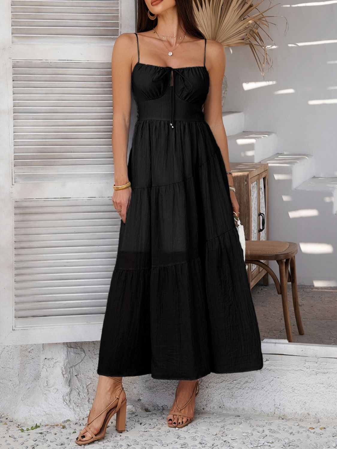 Devine Smocked Tiered Maxi Dress - Elegant & Flowy Black