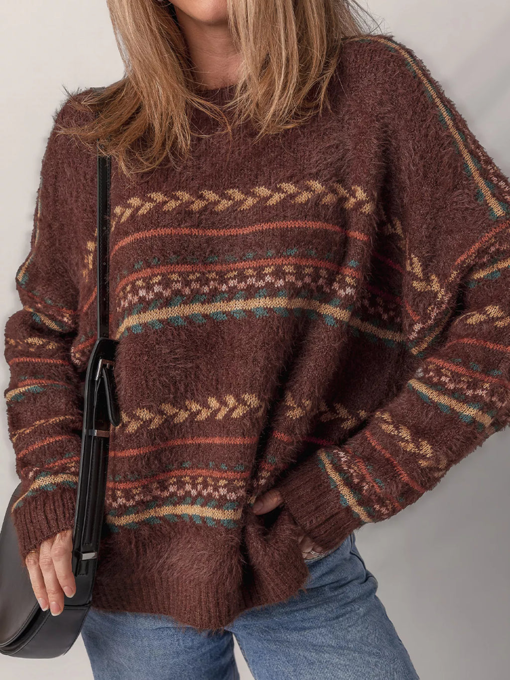 Ethnic Pattern Mohair Knit Oversized Drop Shoulder Sweater