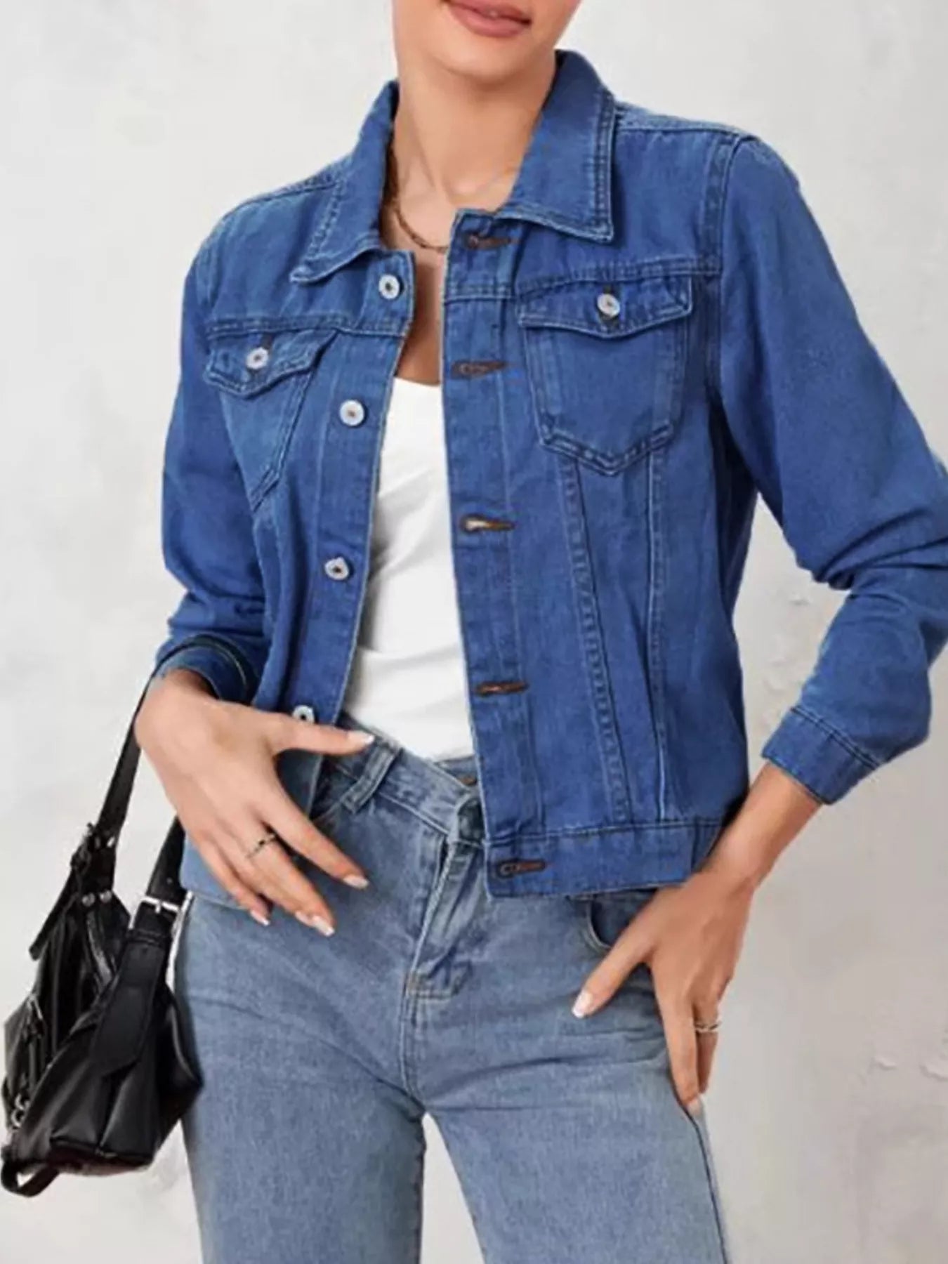 Button-Up Long Sleeve Denim Jacket with Pockets Dark Blue