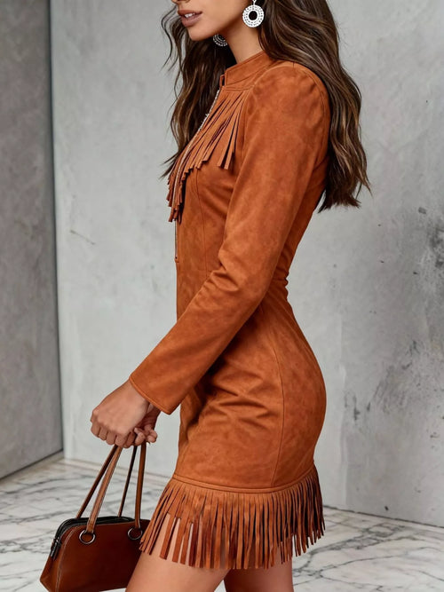 Fringe Trim Zip-Front Suede Mini Dress