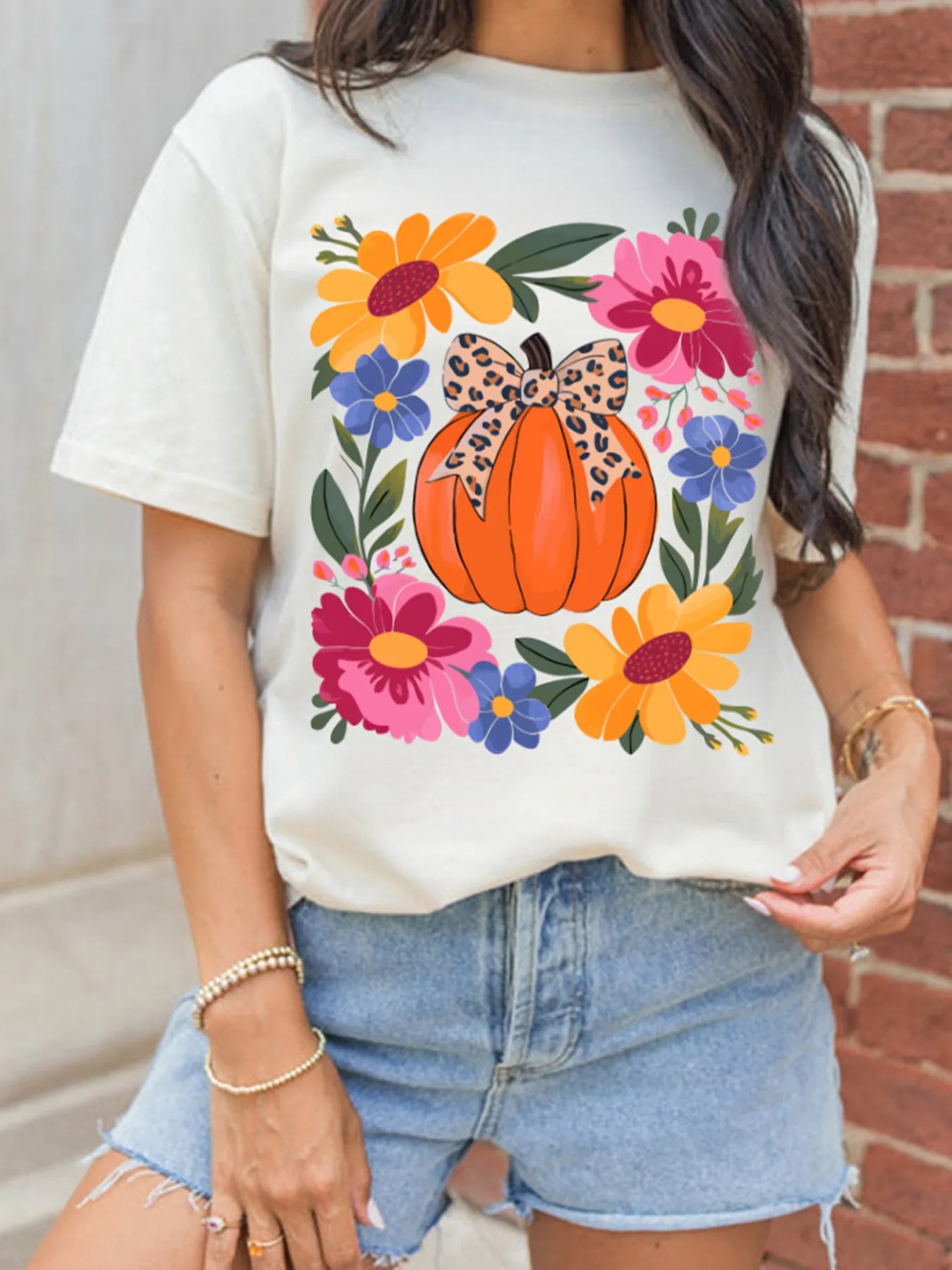 Pumpkin Floral Graphic Round Neck T-Shirt â€“ Soft Stretch & Everyday Style White