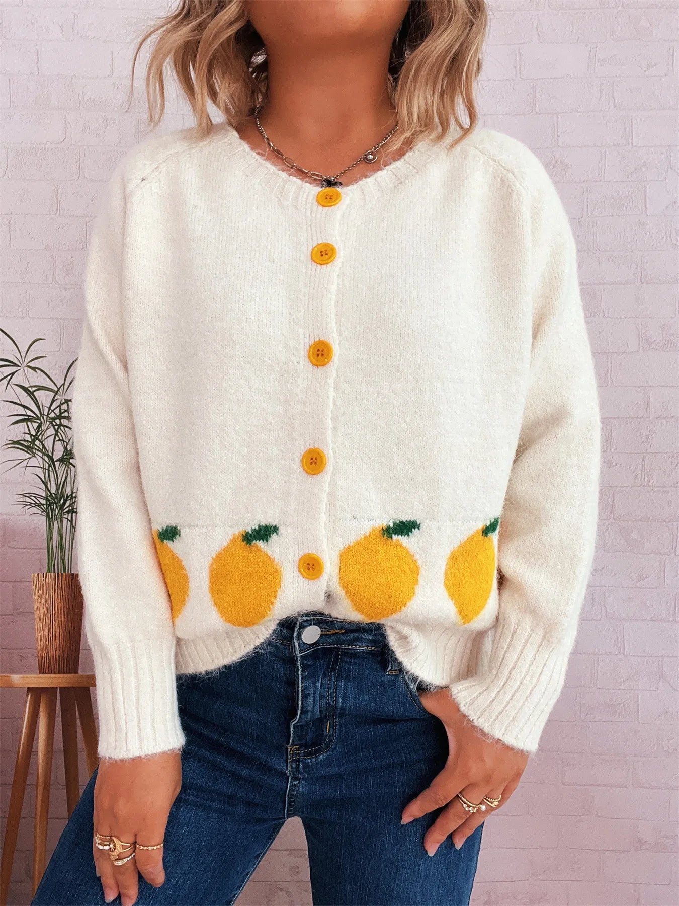 Chic Lemon Pattern Button-Up Cardigan – Playful Knitwear for Everyday Style