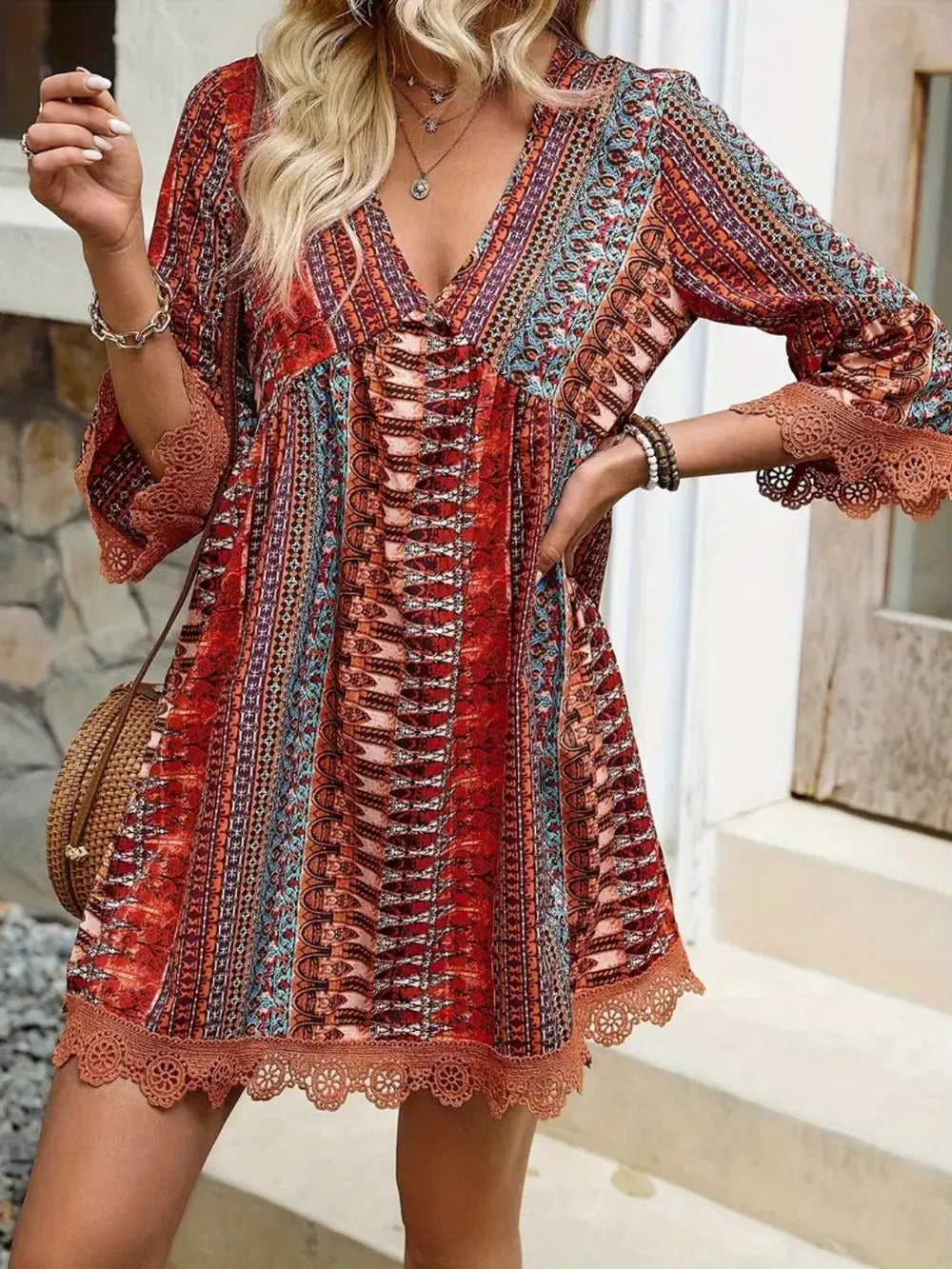 Printed V-Neck Dress with Lace Trim and 3/4 Sleeves Rust