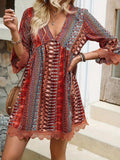 Printed V-Neck Dress with Lace Trim and 3/4 Sleeves Rust