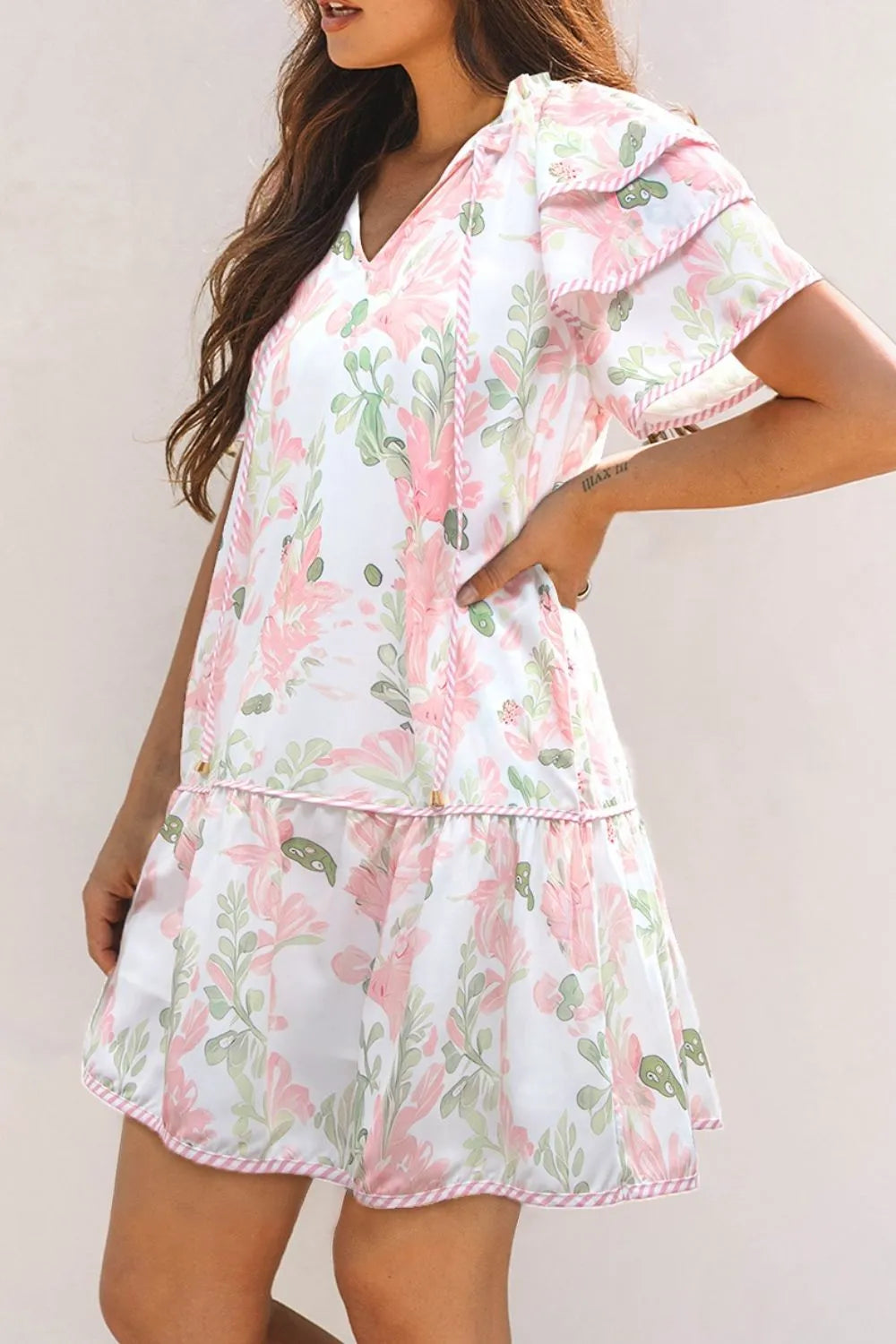 Floral Contrast Edge Mini Dress - Ruffled Short Sleeve Summer Look
