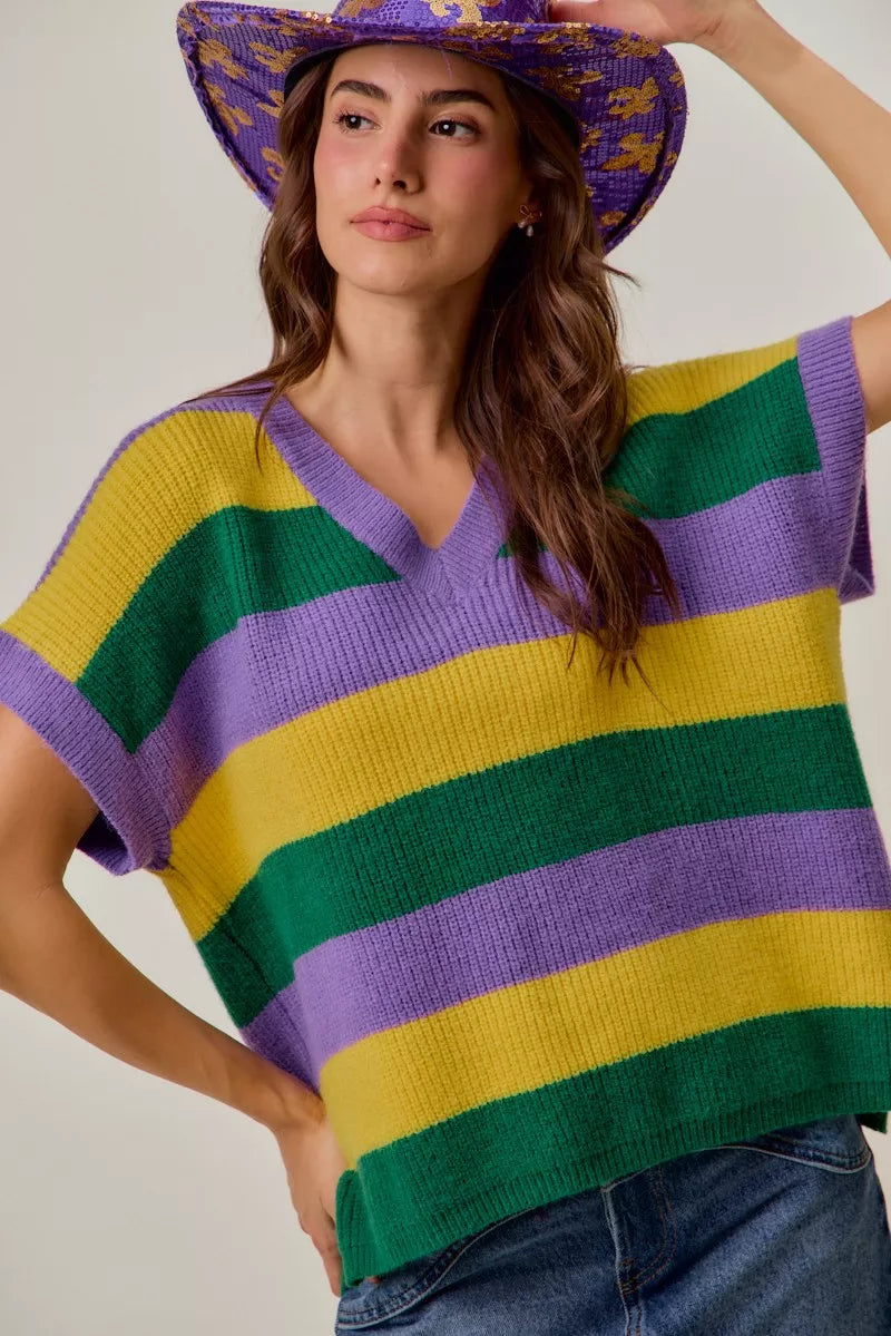 SO ME Mardi Gras Loose-Fit V-Neck Striped Sweater Top