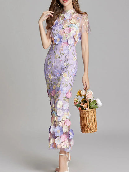 Embroidered Mesh Overlay Maxi Dress – Lined Evening Wear with Zipper Closure