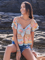Printed Sweetheart Neck Layered Short Sleeve Blouse