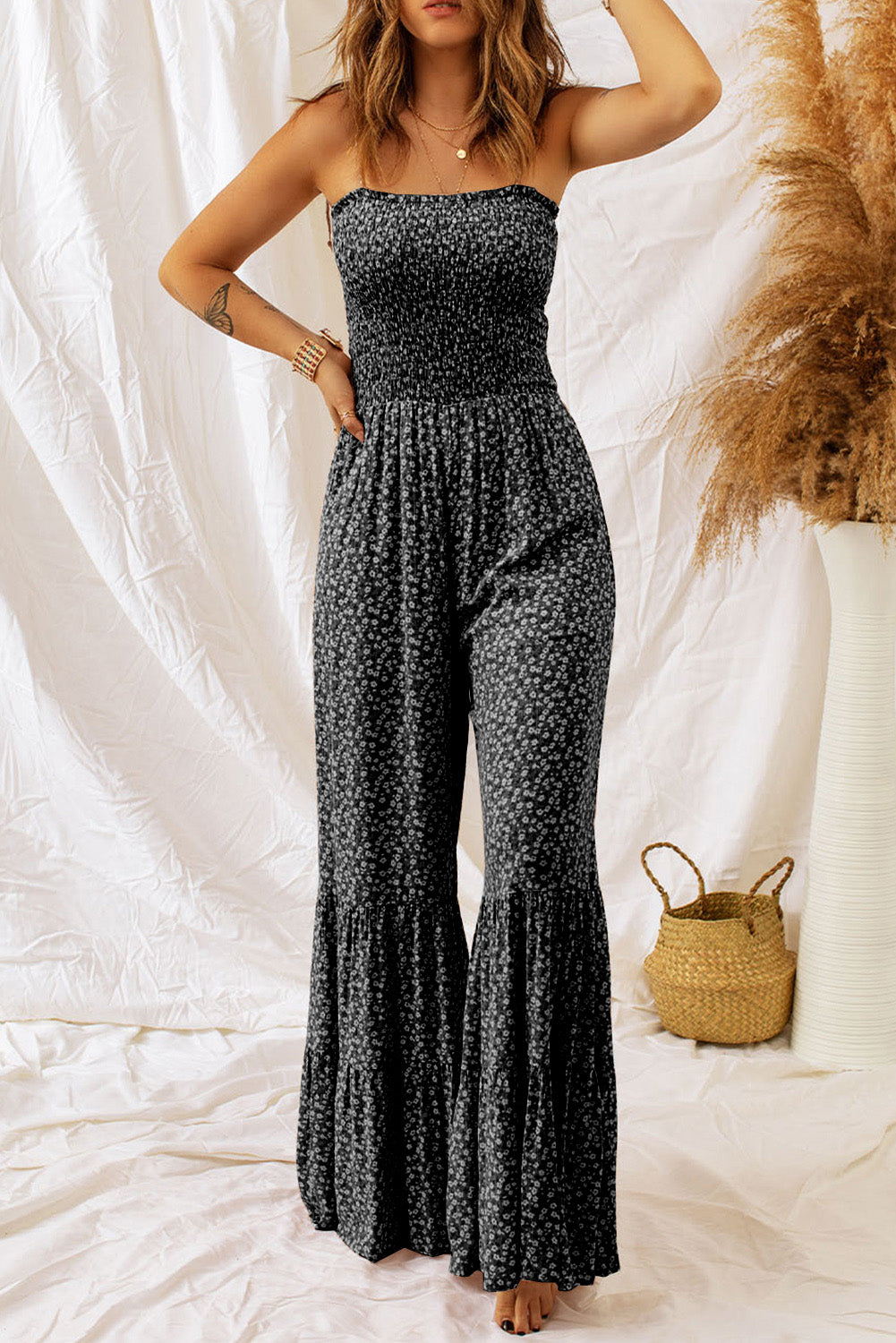Floral Spaghetti Strap Wide-Leg Jumpsuit - Chic & Breezy Black