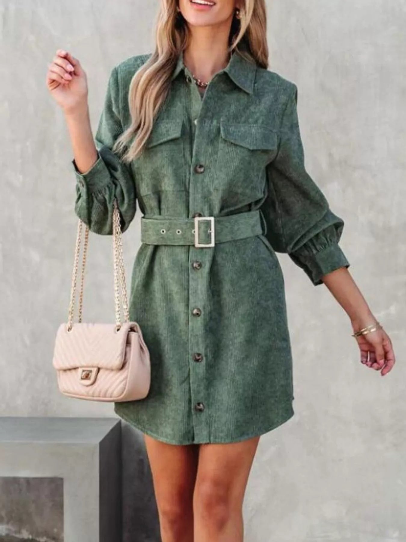 Button Front Belted Corduroy Dress with Pockets