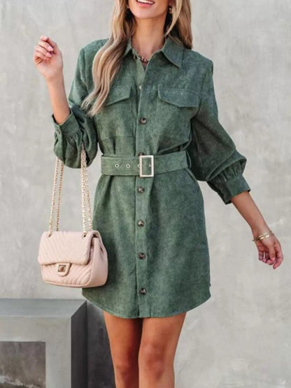 Button Front Belted Corduroy Dress with Pockets