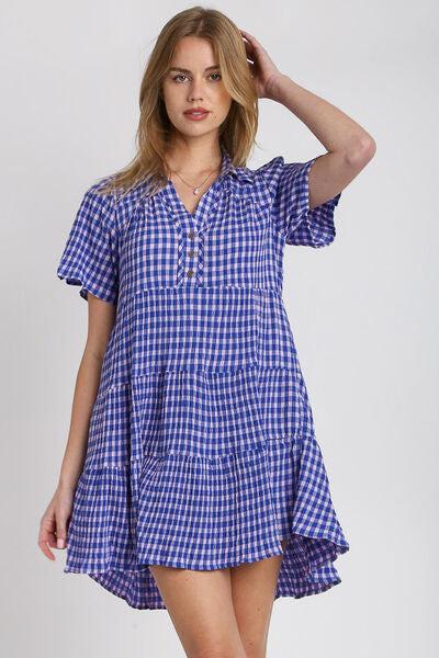 Umgee Full Size Gingham Tiered Button Detail Short Sleeve Dress Blue