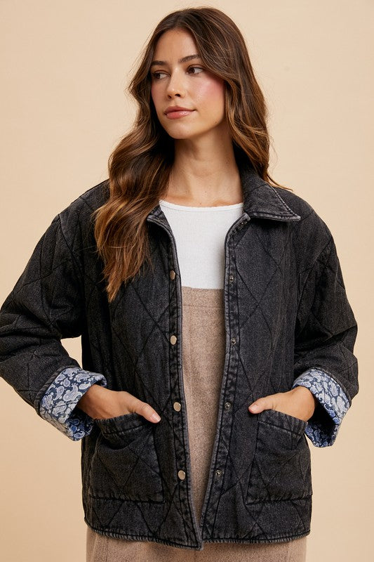 Annie Wear Quilted Printed Lining Snap-Down Denim Jacket Black