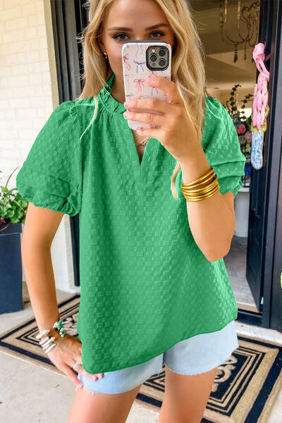 Oh Full Size Frill Notched Puff Sleeve Blouse Green