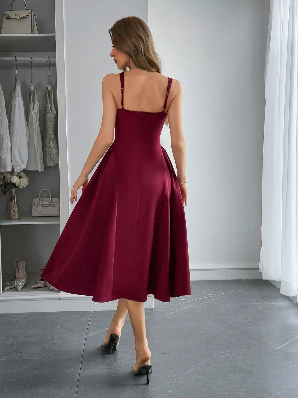 Square Neck Wide Strap Midi Dress Burgundy