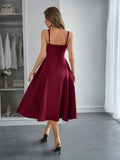 Square Neck Wide Strap Midi Dress Burgundy