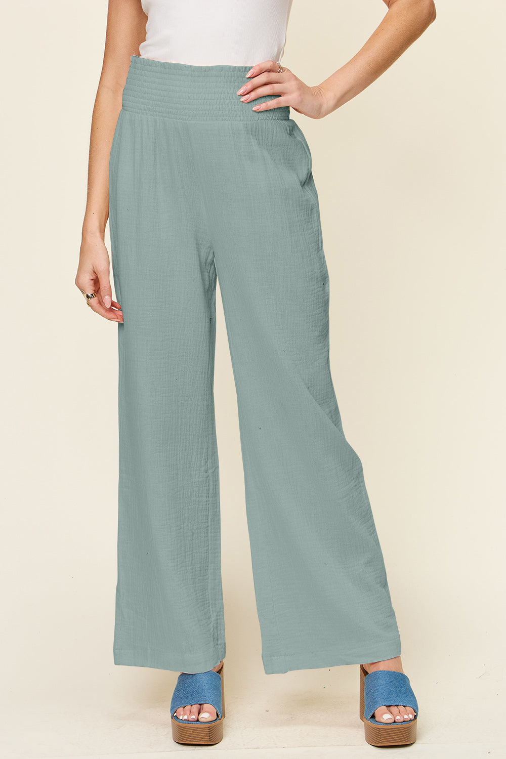 Double Take Full Size Textured Smocked Waist Wide Leg Pants Teal