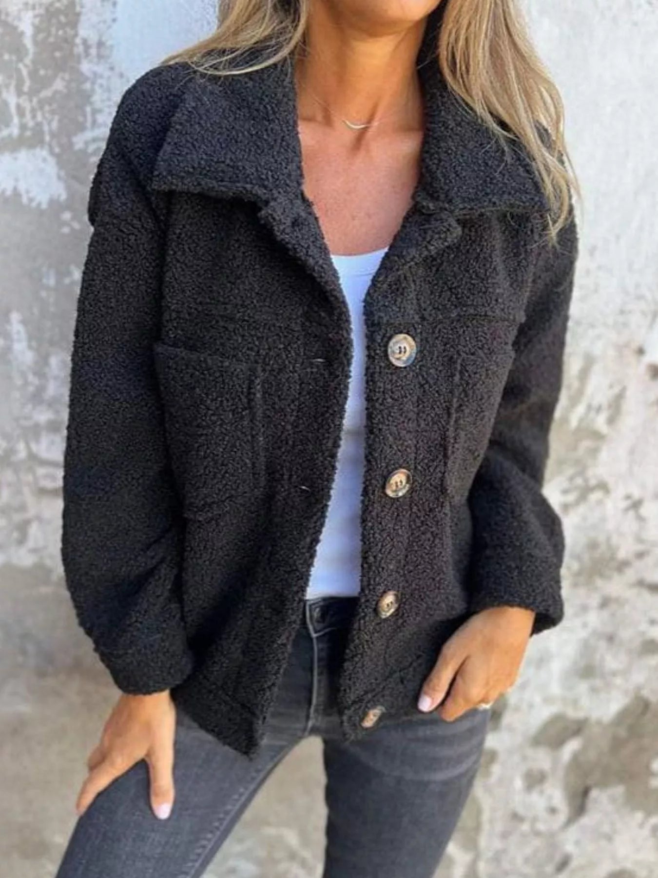 Cozy Single-Breasted Sherpa Shacket for Women – Plus Size Black