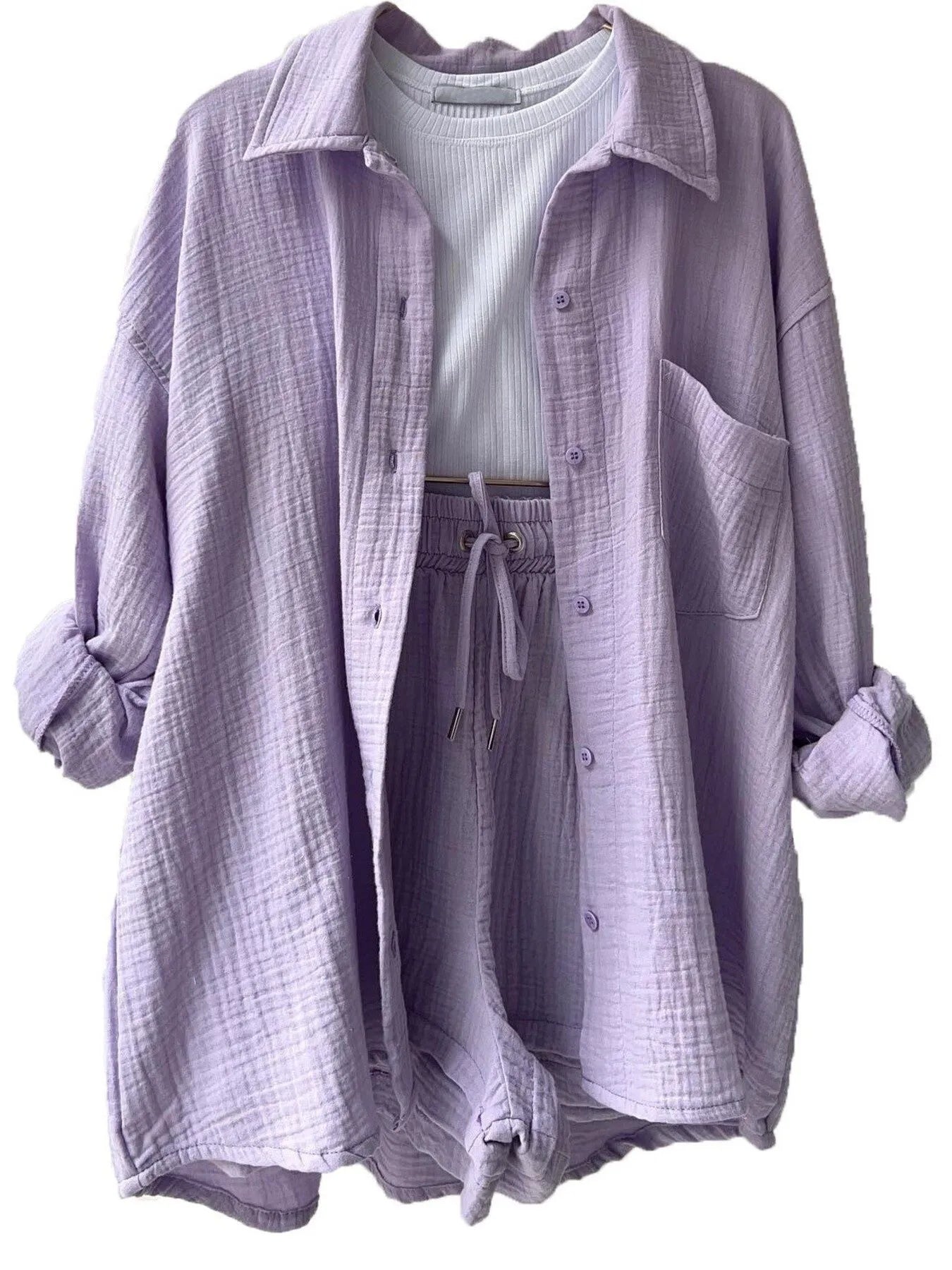 Chic Textured Button-Up Shirt & Shorts Two-Piece Set Light Purple