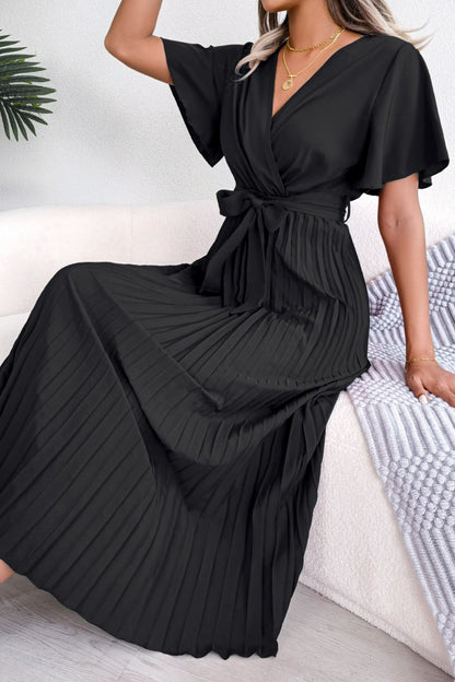 Pleated Flutter Sleeve Midi Dress with Belted Waist