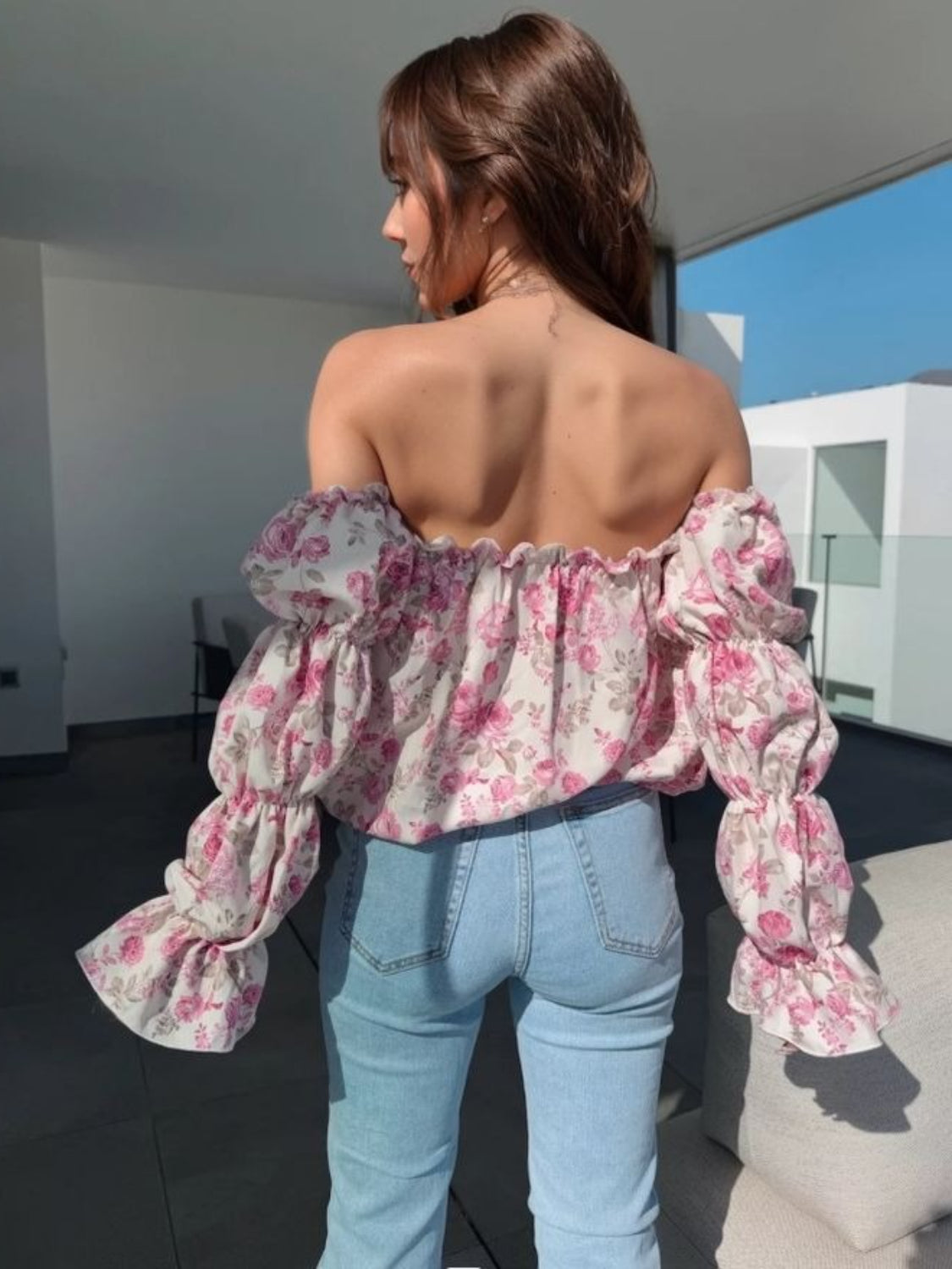 Printed Off-Shoulder Flounce Sleeve Blouse – Chic & Trendy