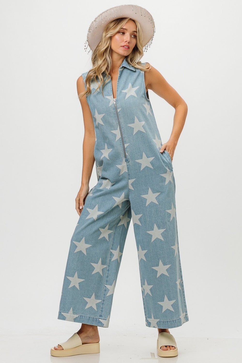 BiBi Star Print Half-Zip Sleeveless Denim Jumpsuit