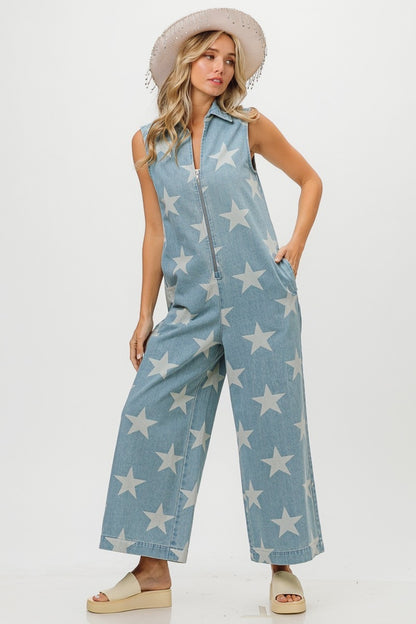 BiBi Star Print Half-Zip Sleeveless Denim Jumpsuit