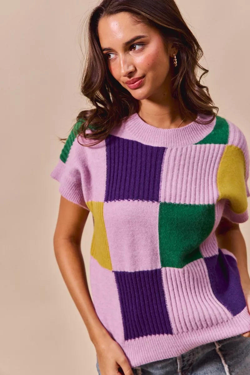 SO ME Mardi Gras Check Plaid Casual Knit Sweater Top
