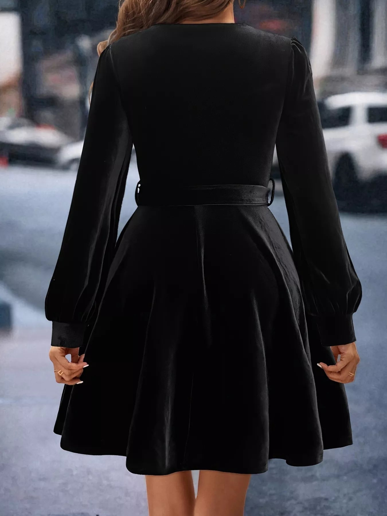 Velvet Long Sleeve Belted A-Line Dress