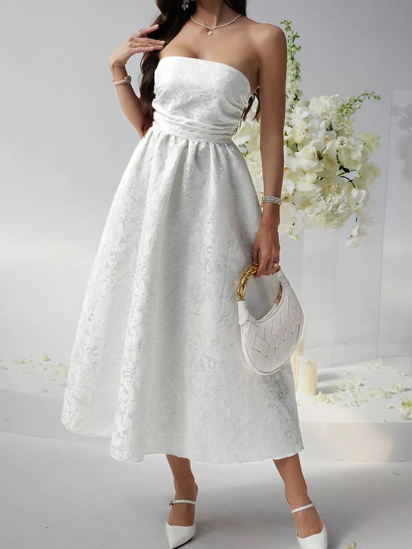 Lace-Up Strapless Tube Midi Dress White