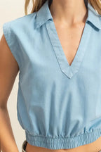 Johnny Collar Sleeveless Cropped Blouse - Trendy & Chic