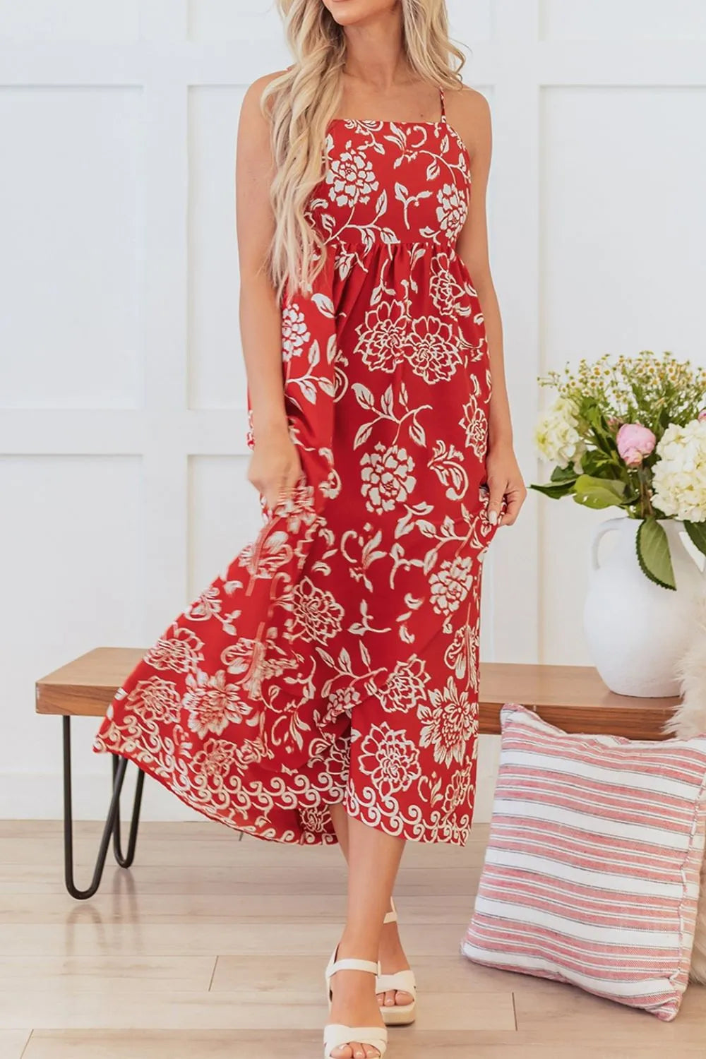 Floral Print Spaghetti Strap Empire Waist Maxi Dress