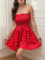 Smocked Heart Print Tube Dress Red