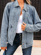 Stylish Scallop Trim Collar Denim Jacket with Patched Pockets