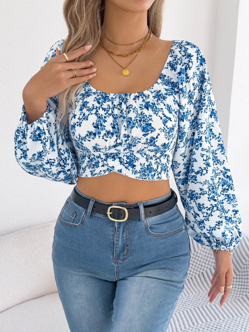Floral Square Neck Ruched Crop Blouse with Balloon Sleeves