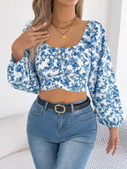 Floral Square Neck Ruched Crop Blouse with Balloon Sleeves