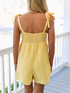 Striped Shoulder-Tie Smocked Back Casual Romper