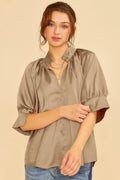 Annie Wear Luxe Satin V-Neck Oversized Blouse Mocha