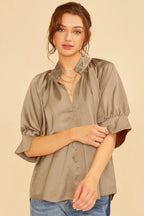 Annie Wear Luxe Satin V-Neck Oversized Blouse Mocha