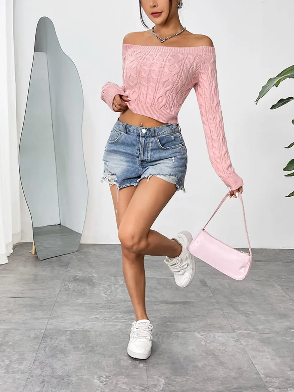 Off-Shoulder Cable-Knit Long Sleeve Sweater Top