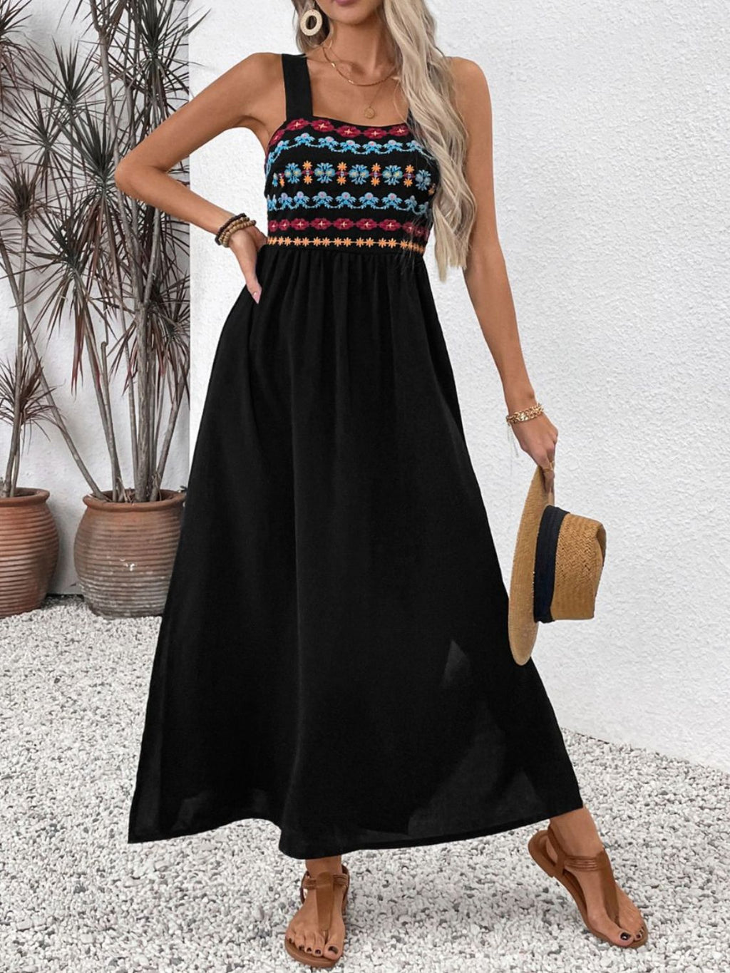Perfee Embroidered Floral Side Slit Sleeveless Midi Dress
