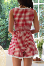 Lace Detail Plaid Sleeveless Romper Ã¢â‚¬â€œ Cotton One-Piece