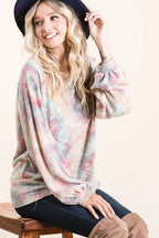 BiBi Brushed Tie Dye Print Top with Puff Sleeves