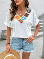 Embroidered Contrast V-Neck Short Sleeve Top - Chic & Versatile White