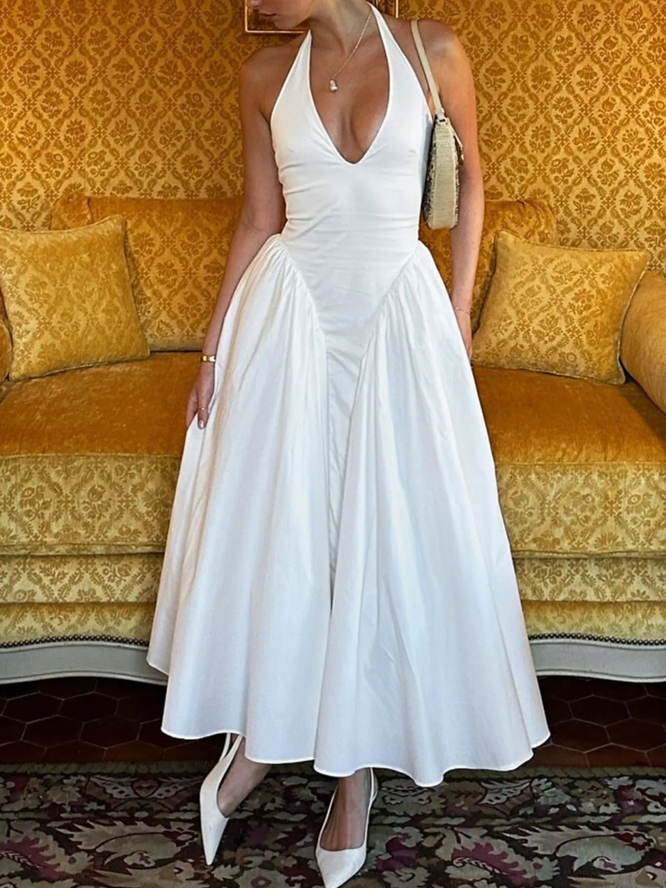 Elegant Ruched Halter Neck Maxi Dress