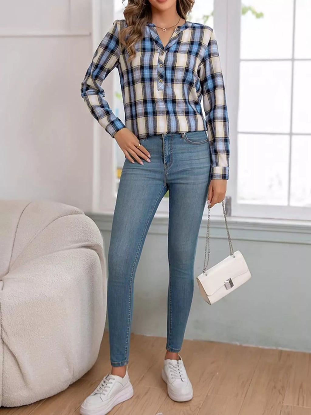 Classic Plaid Half Button Long Sleeve Blouse