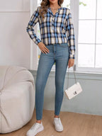 Classic Plaid Half Button Long Sleeve Blouse