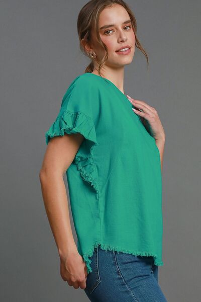 Umgee Full Size Raw Hem Ruffle Short Sleeve Blouse