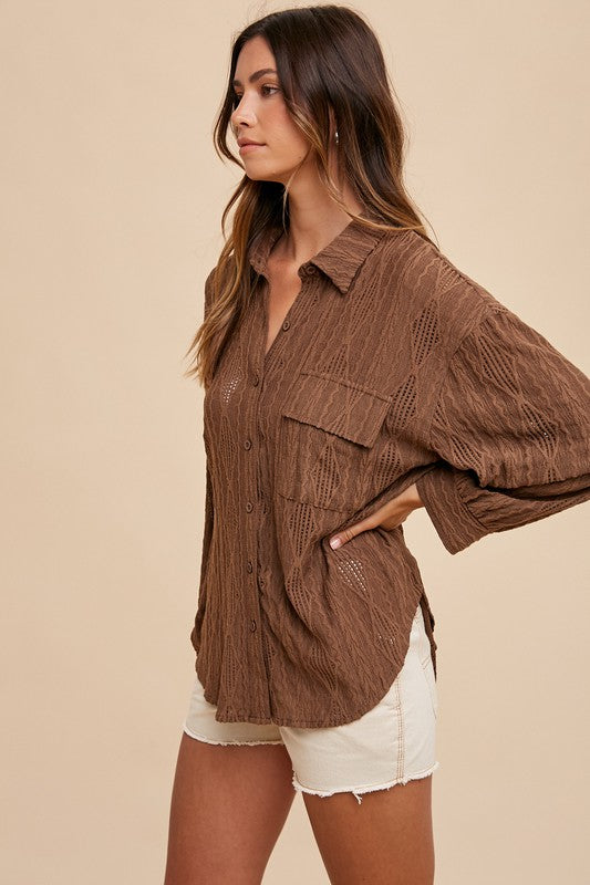 AnnieWear Openwork Button-Down Drop Shoulder Shirt