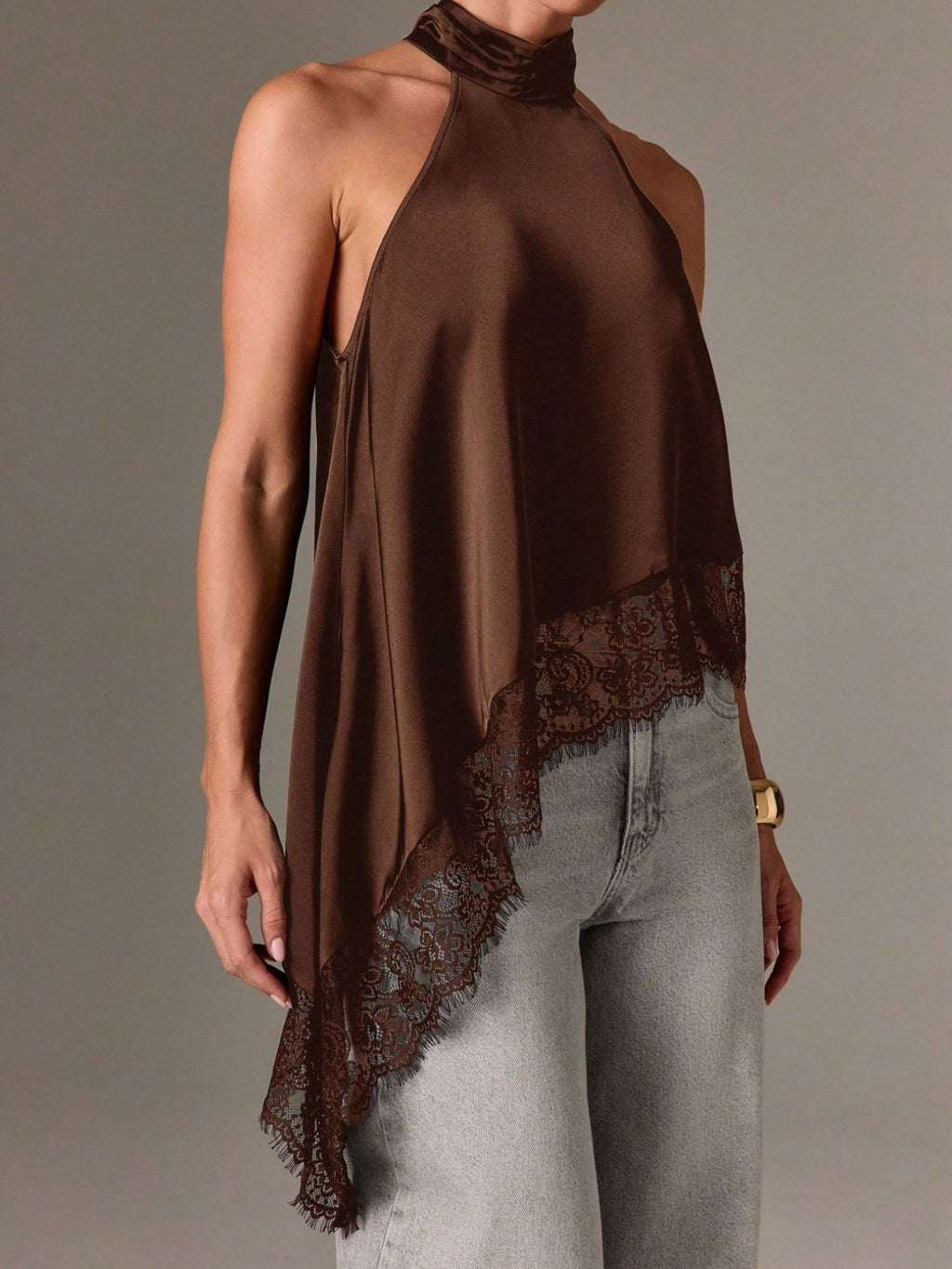 Asymmetrical Lace-Trim Halter Neck Cami Top